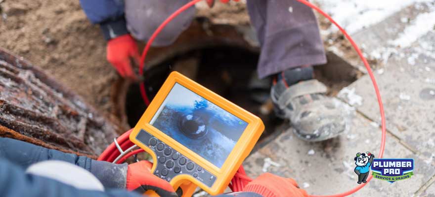 Licensed plumber performing a video pipe inspection in Lawrenceville, GA, using high-definition camera equipment to detect clogs and pipe damage.