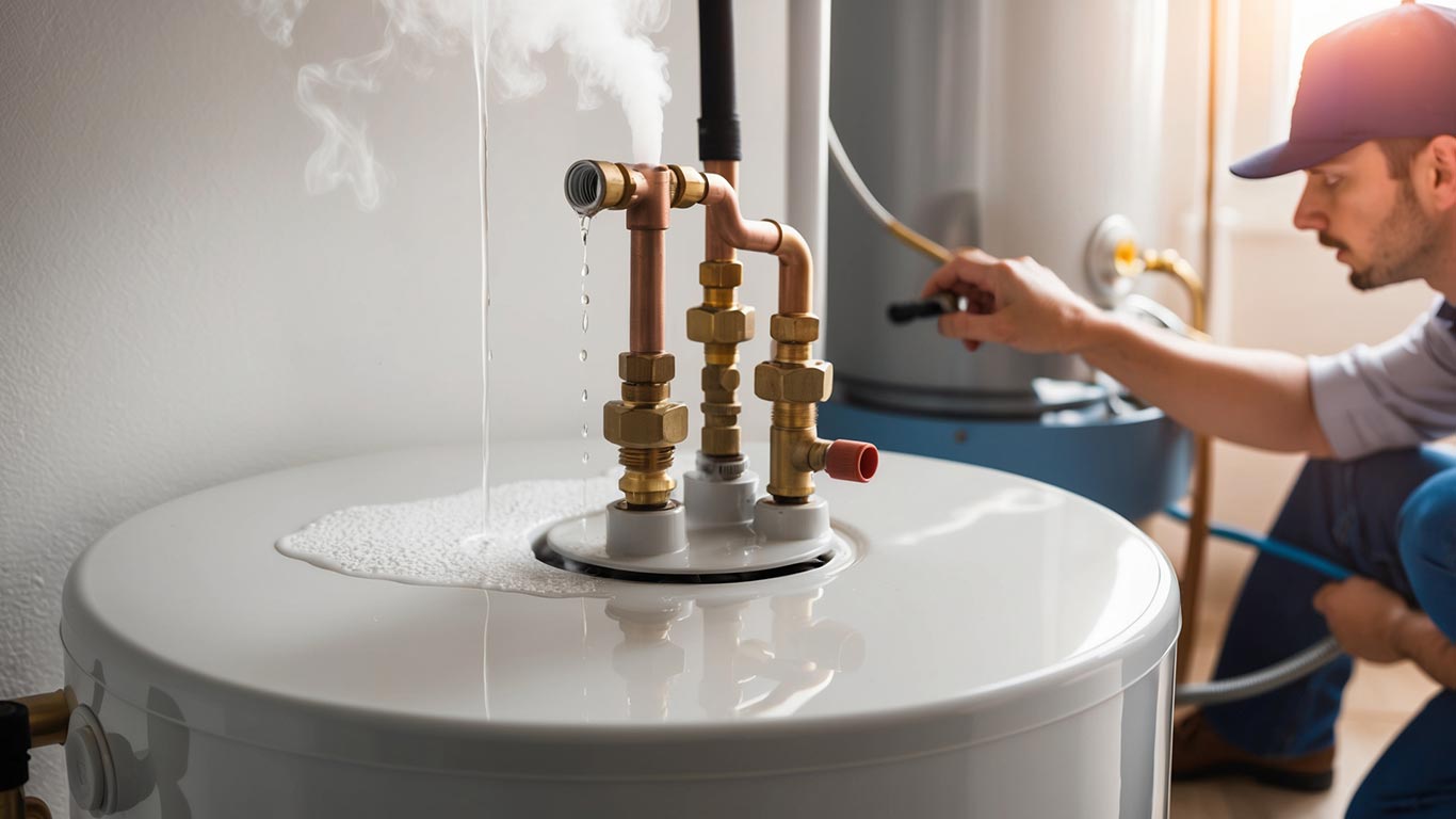 A plumber inspecting a noisy water heater in Sugar Hill, GA, diagnosing the source of popping and banging sounds caused by sediment buildup. 