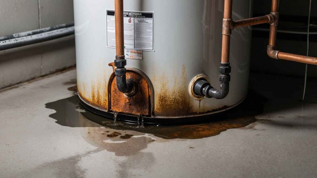 A corroded water heater with visible rust spots and sediment buildup at the base. The tank shows signs of wear and leaks, indicating the need for repair or replacement. 