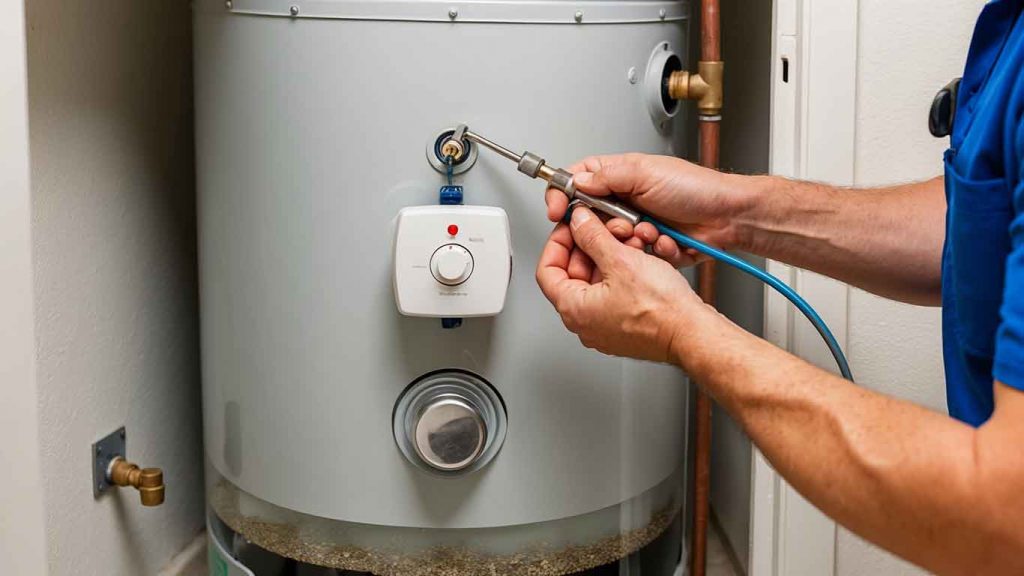 A water heater in a utility room with visible sediment buildup at the bottom of the tank. The reset button is prominently displayed, tripped due to overheating. 