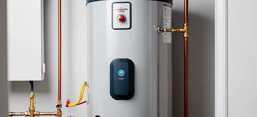 Modern gas water heater with electronic ignition and digital control panel, demonstrating energy-efficient design.