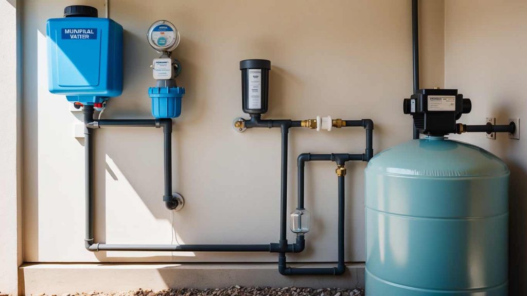 Residential water system setup showing municipal water meter, well pump, and gravity-fed tank, illustrating preparedness for power outages by Gwinnett Plumber Pro in Lawrenceville, GA.